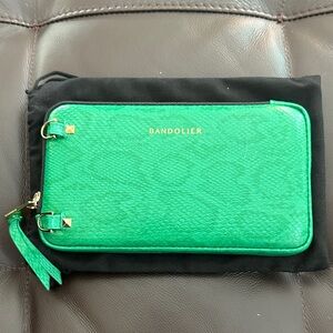 Bandolier Green Leather Wristlet Wallet with Gold Hardware